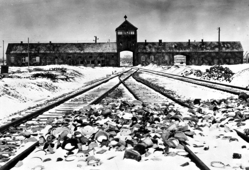 An undated archive photograph shows Auschwitz II-Birkenau main guard house which prisoners called ...